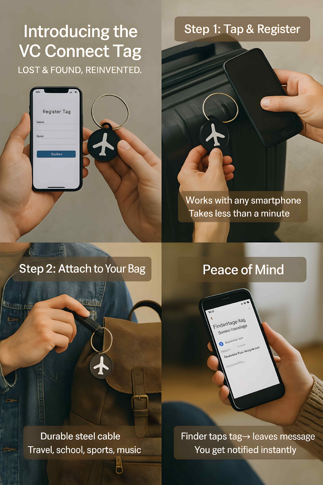 VC Connect Tag – Privacy-First Lost & Found Bag Tag (Tap. Connect. Relax.™)